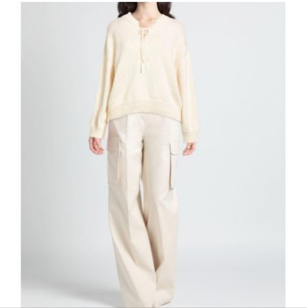 THE GREAT. Women's Natural Cotton Sweater Ivory Open Tie Front